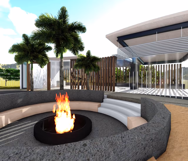 Render de un espacio social con fogata y jardines de Villa Fontana