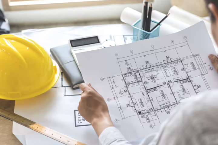 Plano de una casa con casco de obra, calculadora y regla para calcular el presupuesto