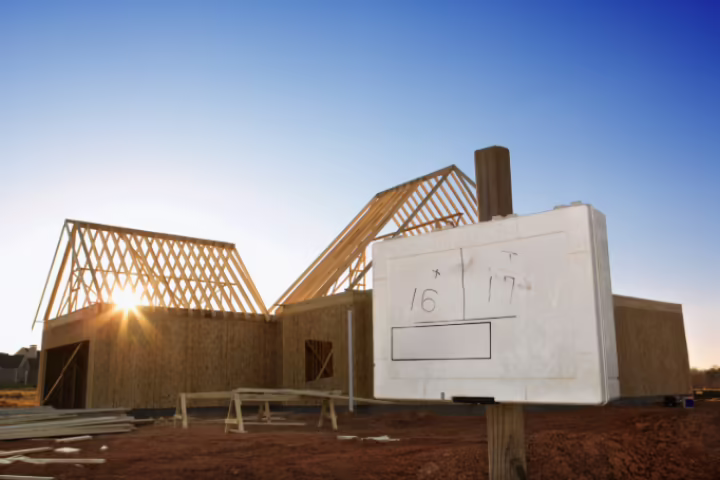 Casa en obra nueva con la estructura de madera del techo levantada, al atardecer
